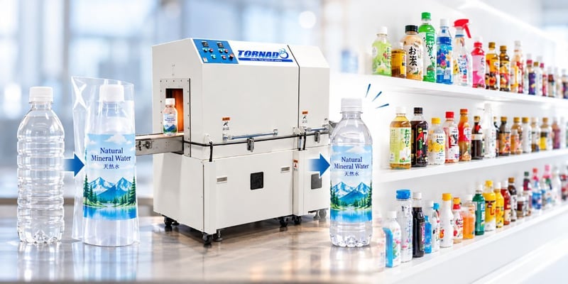熱旋風式シュリンク装置TORNADOによるペットボトル飲料のシュリンク包装工程イメージ